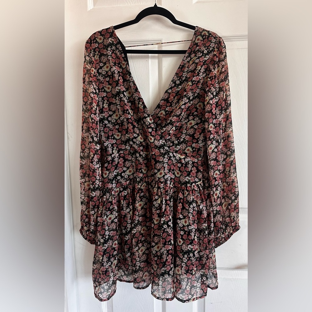 Bardot Black Floral V-Neck Long-Sleeve Dress with Pink & White Blossoms